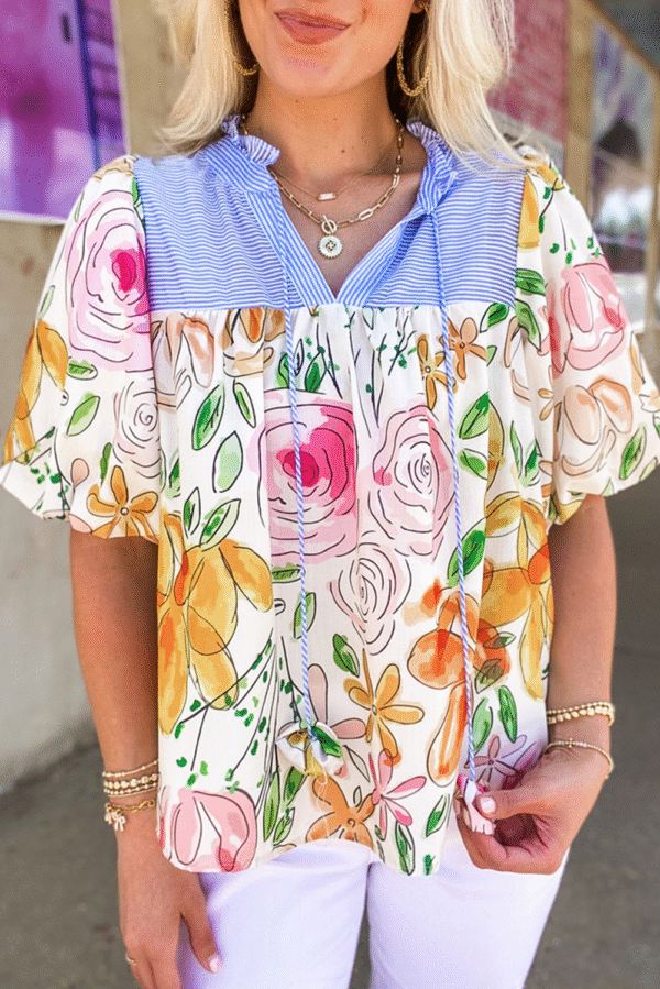 Multicolour Floral Print Striped Yoke Frilled V Neck Puff Short Sleeve Blouse - Image 6