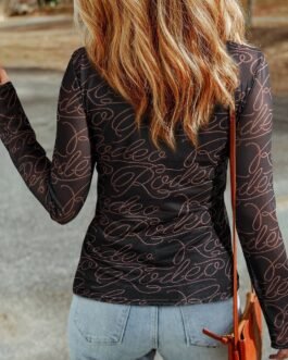 Black Western Rodeo Printed Mock Neck Long Sleeve Mesh Top