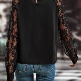Black Keyhole Neckline Floral Lace Raglan Sleeve Blouse