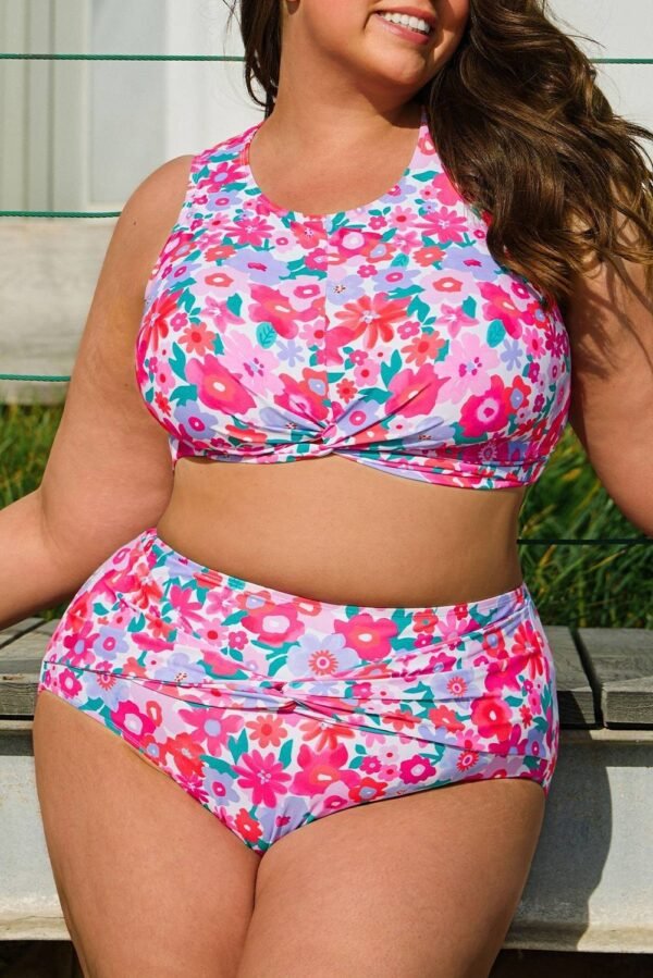 Rose Plus Size Floral Print Twisted High Waist Bikini Set - Image 8