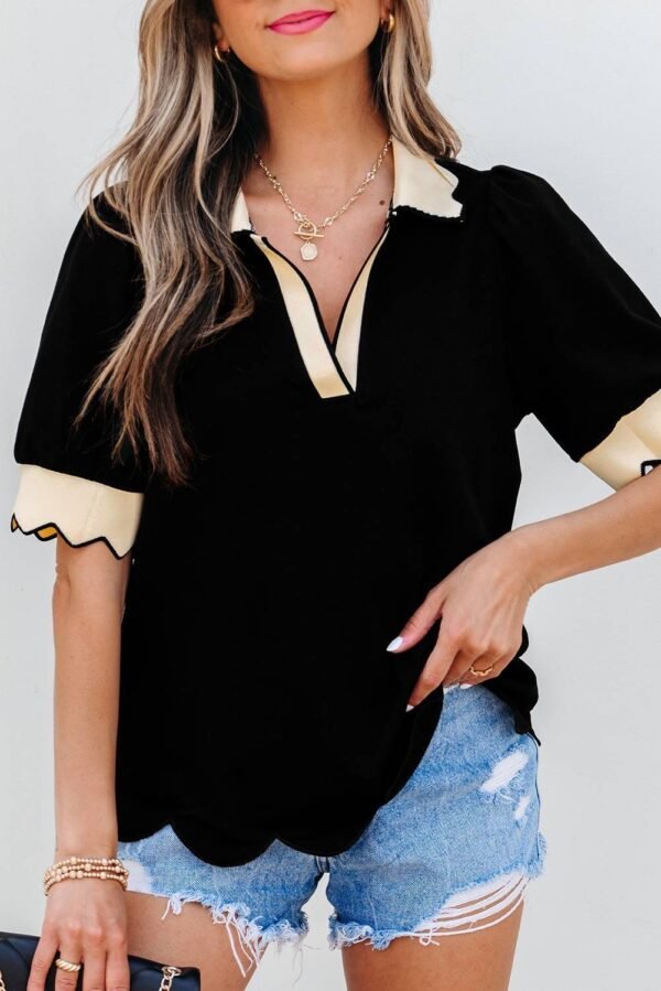 Black Color Contrast Collared V Neck Puff Sleeve Blouse - Image 5