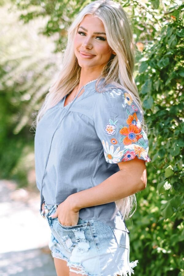 Beau Blue Floral Embroidered Puff Sleeve Split Neck Blouse - Image 3