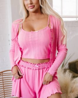 Bonbon Delicate Texture Cropped Cami Shorts and Cardigan 3pcs Lounge Set