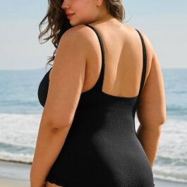 Black Plus Size Textured Knotted Ruffled Trim One Piece Swimwear