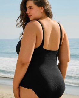 Black Plus Size Textured Knotted Ruffled Trim One Piece Swimwear