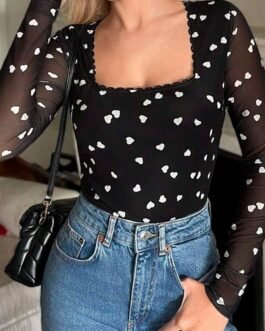 Black Heart Shape Mesh Patchwork Square Neck Bodysuit
