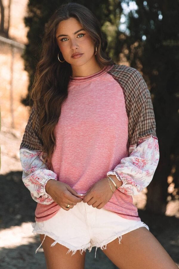 Jet Stream Mixed Print Raglan Sleeve Ribbed Knit Patchwork Blouse - Image 4