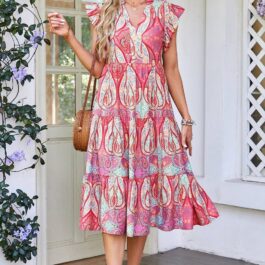 Rose Tribal Paisley Print Ruffled Sleeve Notch Neck Midi Dress