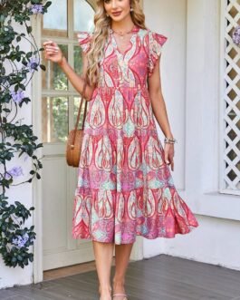 Rose Tribal Paisley Print Ruffled Sleeve Notch Neck Midi Dress