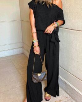 Black Checkered Mesh One Shoulder Short Sleeve Knotted Waist Jumpsuit