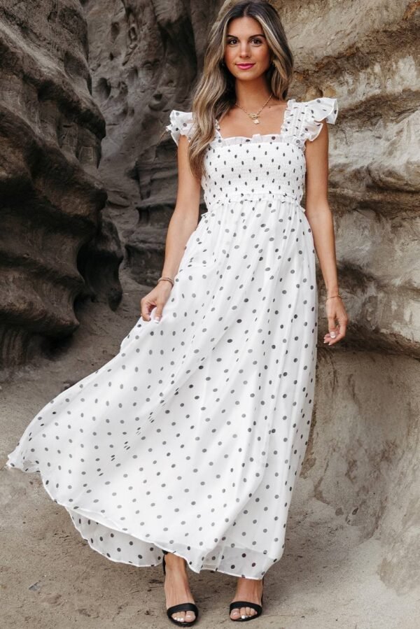 White Polka Dot Flutter Sleeve Square Neck Smocked Maxi Dress - Image 4