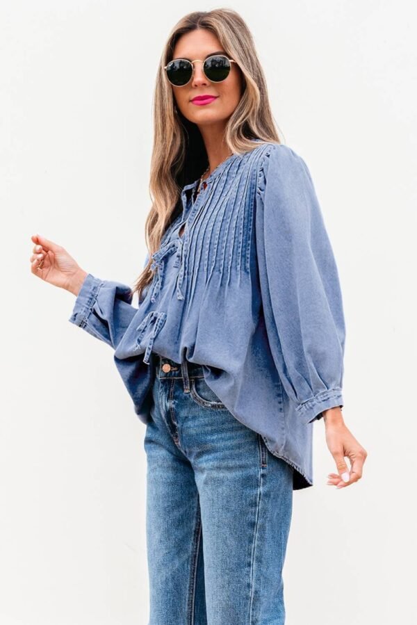 Myosotis Denim Front Pintuck Bow Tie Puff Sleeve Top - Image 3
