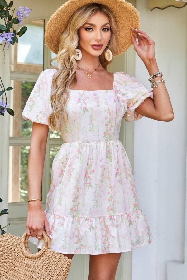 Pink Floral Puff Sleeve Square Neck Knotted Open Back Ruffled Mini Dress - Image 6