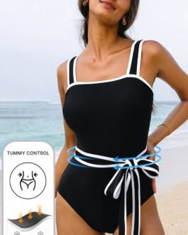 Black Colorblock Edge Belted One Piece Swimsuit