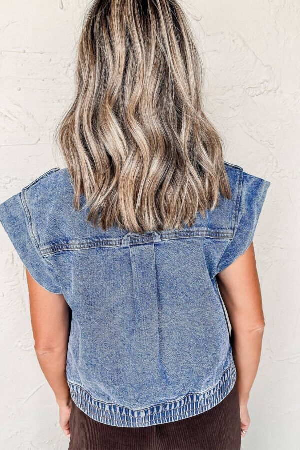 Ashleigh Blue Acid Wash Elastic Hem Button Up Denim Vest - Image 7