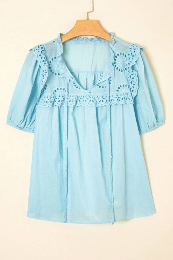 Mist Blue Embroidered Lace Patchwork Tie Neck Puff Short Sleeve Blouse - Image 7