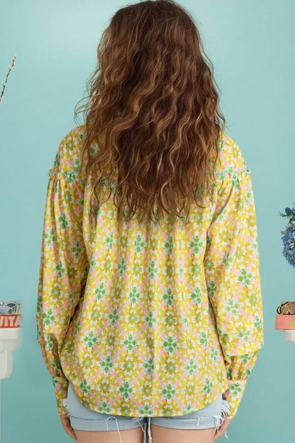 Green Boho Floral Print Frilly Detail Puff Sleeve Shirt - Image 2