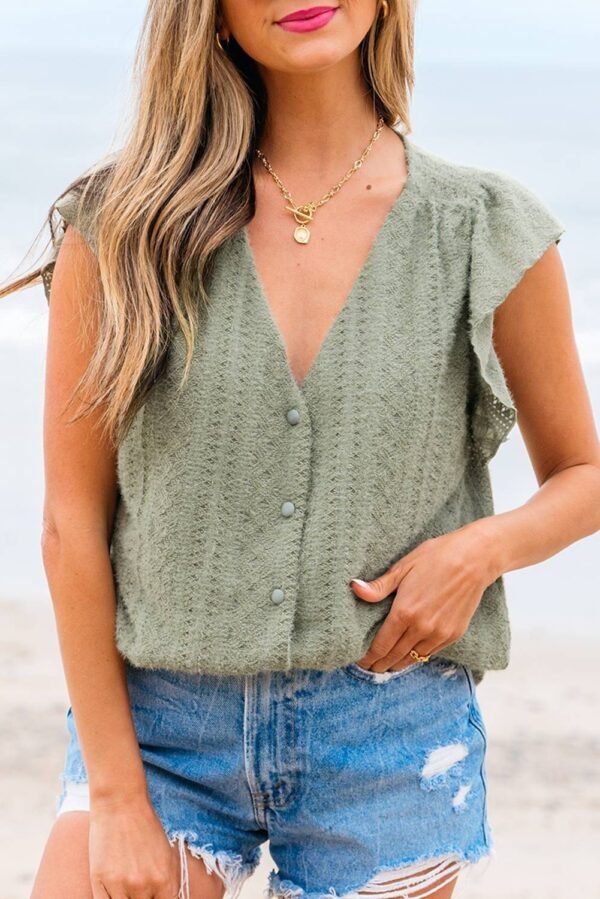Laurel Green Flutter Sleeve Lace V Neck Shirt - Image 7