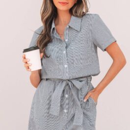Blue Stripe Chest Pockets Buttoned Belted High Waist Romper