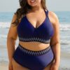 69751117-ee414d84ea9d8e3f.jpg Navy Blue Embroidered Trim Wrap Tie Knot Plus Size High Waisted Bikini