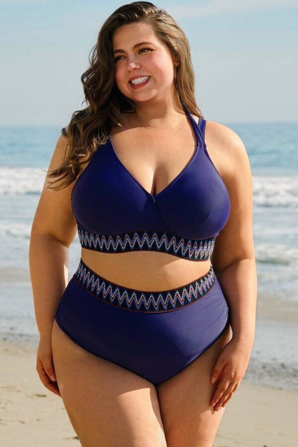 Navy Blue Embroidered Trim Wrap Tie Knot Plus Size High Waisted Bikini - Image 6