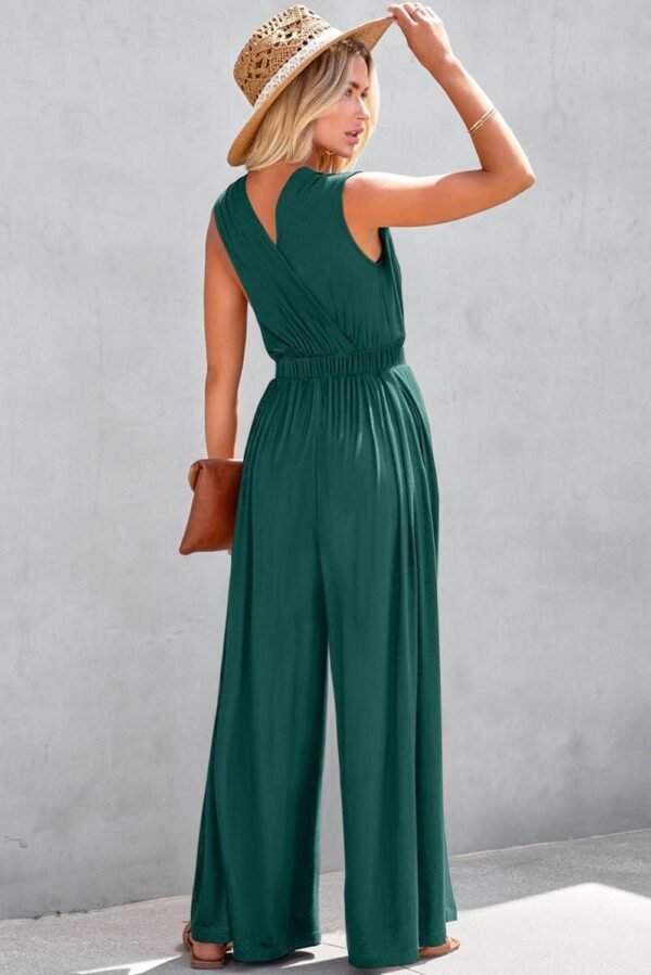 Blackish Green Deep V Pleated Crisscross Wide Leg Backless Jumpsuit - Image 2