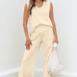Beige Solid Color Tank Top and Smocked Waist Pants Set
