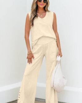 Beige Solid Color Tank Top and Smocked Waist Pants Set