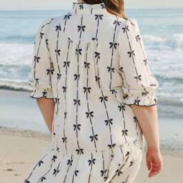 Apricot Bow Printed Puff Sleeve Ruffled Plus Size Mini Dress