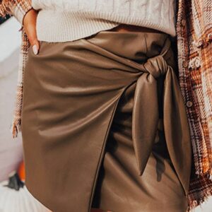 Coffee Bowknot Faux Leather Mini Skirt
