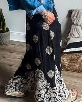 Black Bohemian Printed Drawstring Waist Wide Leg Pants