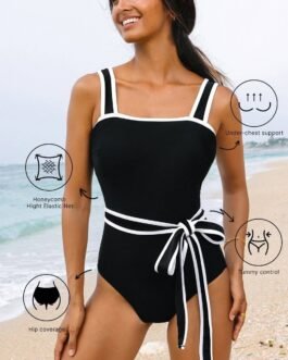 Black Colorblock Edge Belted One Piece Swimsuit