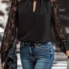 Black Keyhole Neckline Floral Lace Raglan Sleeve Blouse