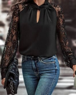 Black Keyhole Neckline Floral Lace Raglan Sleeve Blouse