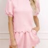 Light Pink Puff Sleeve Pearl Embellished Scallop Trim Top 2 Piece Skort Set