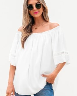 White Frilly Off Shoulder Lace Insert Sleeve Textured Blouse