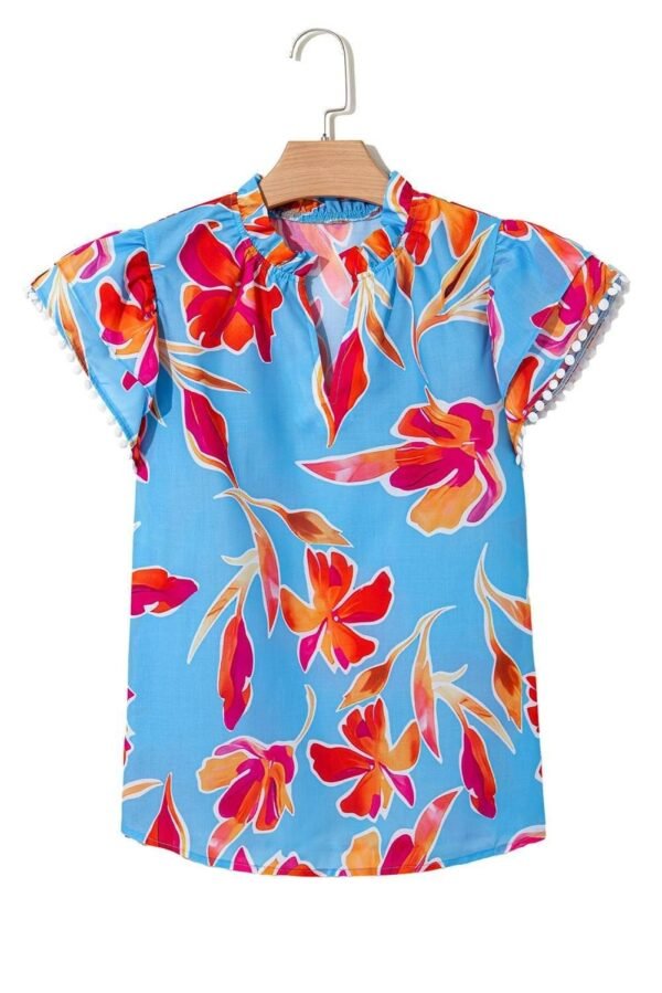 Sky Blue Floral Print V Neck Pompom Trim Flutter Sleeve Blouse - Image 18