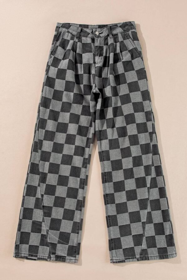 Dusk Blue Checkered Denim Wide Leg Jeans - Image 6