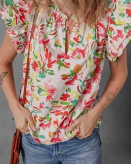 Multicolour Allover Floral Printed Flutter Sleeve Split Neck Blouse