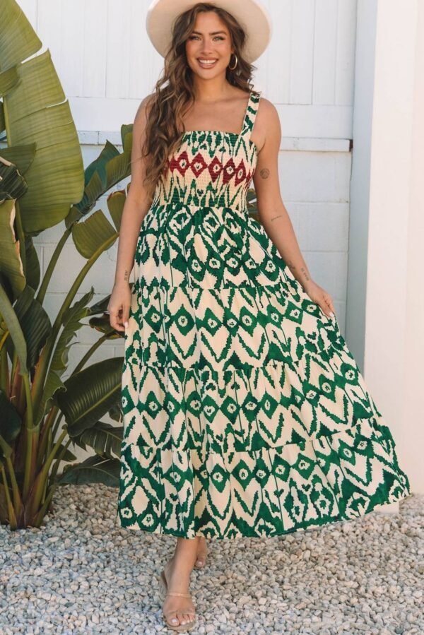 Green Western Aztec Shirred A-line Sleeveless Maxi Dress - Image 4