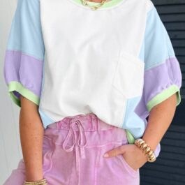White Color Block Patchwork Half Sleeve Oversized T Shirt