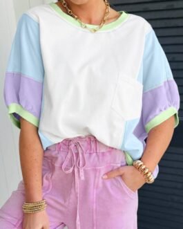 White Color Block Patchwork Half Sleeve Oversized T Shirt