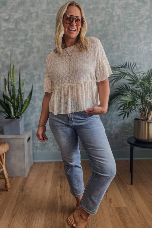 Beige Solid Color Textured Ruffled Short Sleeve Blouse - Image 8