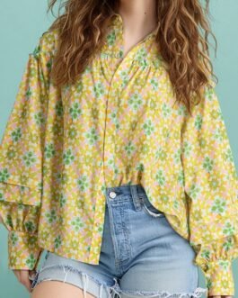 Green Boho Floral Print Frilly Detail Puff Sleeve Shirt