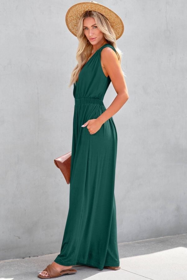 Blackish Green Deep V Pleated Crisscross Wide Leg Backless Jumpsuit - Image 3