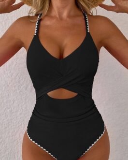 Black Ric Rac Trim Contrasted Patchwork Cutout One Piece Swimsuit