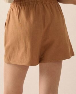 Khaki Embroidered Boho Tasseled Drawstring Elastic Waist Casual shorts