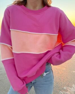 Sachet Pink Colorblock Patchwork Drop Shoulder Ribbed Trim Sweatshirt