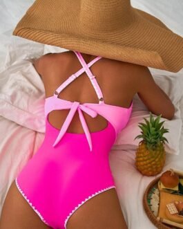 Rose Red Ric Rac Trim Contrasted Patchwork Cutout One Piece Swimsuit