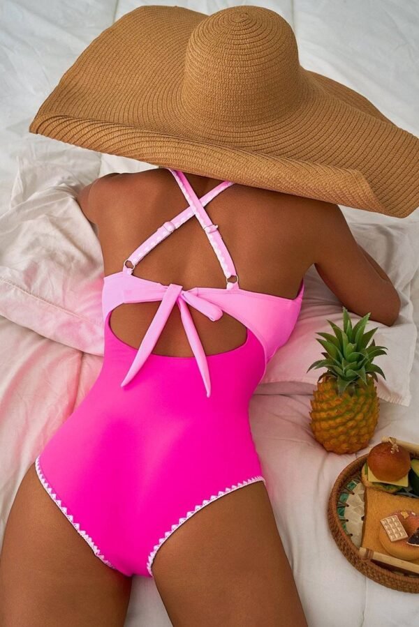Rose Red Ric Rac Trim Contrasted Patchwork Cutout One Piece Swimsuit - Image 2